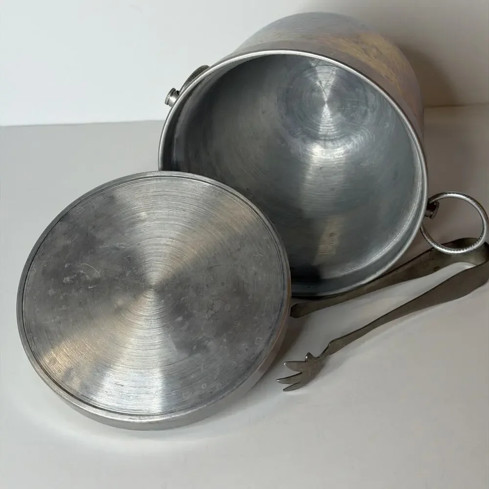 Vintage Hammered Aluminum Ice Bucket and Tongs Mid Century Barware Made in Italy